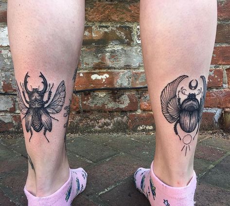 Beetle Chest Tattoo, Beetle Tattoo Leg, Figeater Beetle Tattoo, Stag Beetle Tattoo Design, Flying Beetle Tattoo, Beetle Knee Tattoo, Cartoon Bug Tattoo, Beetle Leg Tattoo, Matching Calf Tattoos