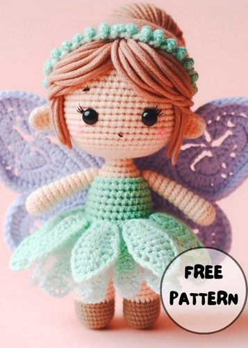 Crochet Doll In Fairy Dress Amigurumi Free Idea - Yours Crafts Comfort Dolls Free Pattern, Free Fairy Crochet Patterns, Crochet Fairy Wings Free Pattern, Crochet Fairies Free Patterns, Crochet Fairy Free Pattern, Crochet Fairy Pattern Free, Fairy Crochet Pattern Free, Crochet Fairy Wings, Crochet Fairies