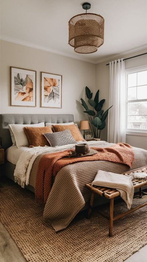 Cozy Fall Bedroom, Bedroom Orange, Fall Bedroom, Stil Boho, Bedroom Refresh, Modern Minimalism, Master Bedrooms Decor, Cozy Home, Room Inspiration Bedroom