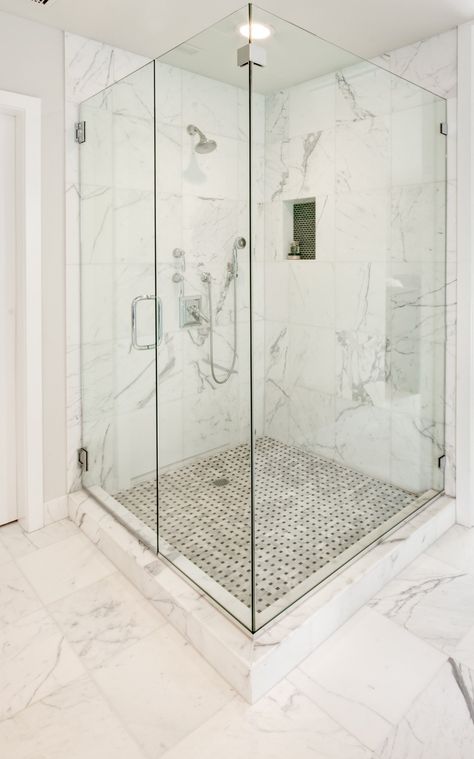 The white hexagon tiles of the heated floor keep the space feeling bright while the mottled green tiles match the green wainscoting of the wall. Description from hammerandhand.com. I searched for this on bing.com/images Marble Shower Walls, White Marble Bathrooms, Marble Tile Bathroom, Bilik Air, Bathroom Model, Marble Showers, Bad Inspiration, Bathroom Shower Tile, Pedestal Sink