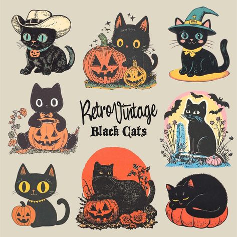 Omg, it's purr-fect! Retro vintage-inspired Halloween black cat clipart bundle. Perfect for made-to-order t-shirts, DTG printing, print on demand, heat transfers, sublimation, stickers, posters, wall art, and lots more. Use this clip art for your small business, event, or your own personal use! Need a different file type? Send me a message after purchase and I'll be happy to help.  Design colors can be modified in Photoshop, Illustrator, Canva, Procreate, Cricut, Silhouette Studio or other desig Retro Vintage Halloween Art, Vintage Halloween Cat Art, Retro Halloween Poster, Vintage Halloween Stickers, Retro Halloween Art, Vintage Halloween Illustration, Black Cat Clipart, Vintage Halloween Cat, Black Cat Png