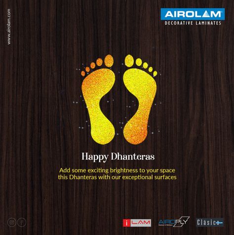 Add some exciting brightness to your space this Dhanteras with our exceptional surfaces Happy Dhanteras..! #AirolamLaminates #Airoply #ilam #Laminates #Laminate #airolam #LaminateSheets #BestLaminates #HappyDhanteras #Dhanteras #ShubhDhanteras #LaxmiPoojan #LaxmiPooja #Diwali2019 Happy Dhanteras, Laminate Sheets, Laminate, Festival