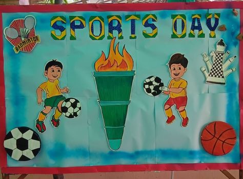 Sports Day Poster School, Sports Day Theme Ideas, Sports Day Board Decoration, Sports Bulletin Boards, Sports Day Decoration, Sports Day Poster, Kids Playing Sports, Board Decoration Ideas, Earth Day Drawing