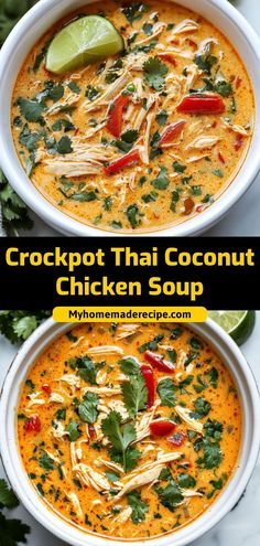 This Thai coconut chicken soup is creamy, flavorful, and made easily in the Crockpot with coconut milk, chicken, and Thai spices. Ingredients: 2 cups shredded chicken 4 cups chicken broth 1 can coconut milk 1 tbsp red curry paste 1 cup sliced mushrooms Serve this soup garnished with fresh cilantro and lime wedges One Pot Thai Coconut Curry Turkey Soup, Healthy Dinner Recipes Coconut Milk, Chicken Curry Stew Coconut Milk, Keto Thai Chicken Soup, Chicken Gnocchi Soup Coconut Milk, Thai Instapot Recipes, Crockpot Thai Chicken Soup, Healthy Asian Crockpot Recipes, Coconut Milk Slow Cooker Recipes