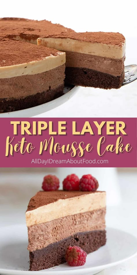 This triple layer keto mousse cake is a glorious sugar-free dessert recipe. It combines a brownie base with creamy keto chocolate mousse, all topped off with airy espresso mousse. Keto Recipes Cake, Keto Layered Dessert, Fancy Keto Desserts, Sugar Free Mousse Recipes, Sugar Free Mousse, Keto Chocolate Dessert Recipes, Keto Mousse Cake, Keto Layer Cake, Sugar Free Chocolate Mousse