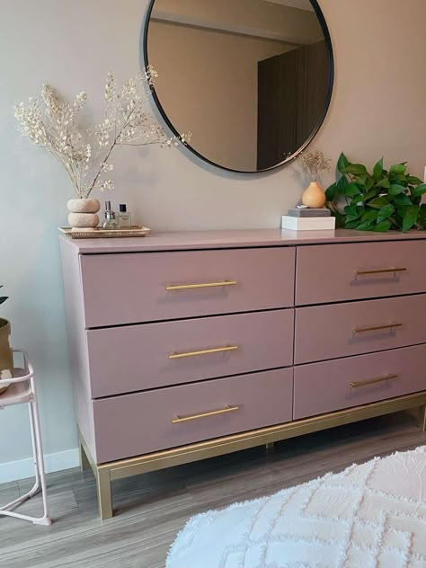 Ikea Dresser Makeover, Tarva Dresser, Dresser Inspiration, Ikea Dresser Hack, Ikea Tarva Dresser, Ikea Tarva, Ikea Malm Dresser, Pink Dresser, Dresser Refinish