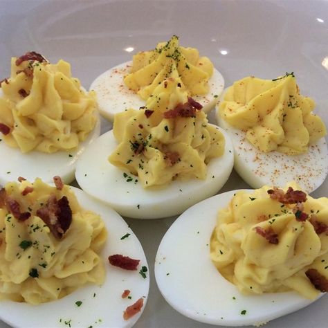 Bacon Cheddar Deviled Eggs | "I've made this recipe several times for different functions and they all request it over & over. These eggs are truly eggs-trodinary! Totally different from your normal deviled eggs!" Bacon Deviled Eggs, Homemade Condiments, Fruit Crisp, Condiment Recipes, Homemade Mayonnaise, Egg Recipe, Special Diet, Deviled Eggs Recipe, Deviled Egg