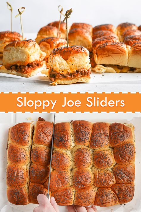 Sloppy Joe Sliders, Party Rolls, Cheesy Sloppy Joes, Sloppy Joes Sliders, Fast Appetizers, Slider Recipe, Easy Slider Recipes, Easy Slider, Sloppy Joe Recipe