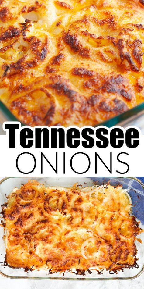 This Tennessee onions recipe is so simple but tastes amazing!!! This side dish recipe is one that everyone will want again and again. Onions, seasonings, and cheese and layered in a baking sheet and baked to golden brown perfection. Baked Onion Recipes, What To Do With Onions, Tator Tots Recipes Side Dishes, Texas Onions, Tennessee Onions Recipe, Sides For Sliders, Supper Side Dishes, Cheesy Onions, Baked Onions Recipe