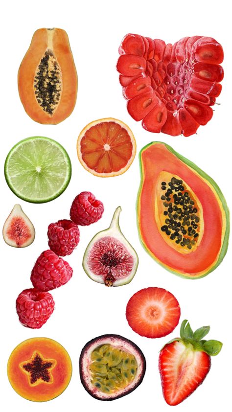 Tropical Fruit Aesthetic, Fruit To Draw, Fruit Aesthetic Art, Fruit Drawings, Fruits Stickers, Iphone Wallpaper Ideas, Fruits Painting, Fruit Collage, Fruity Design