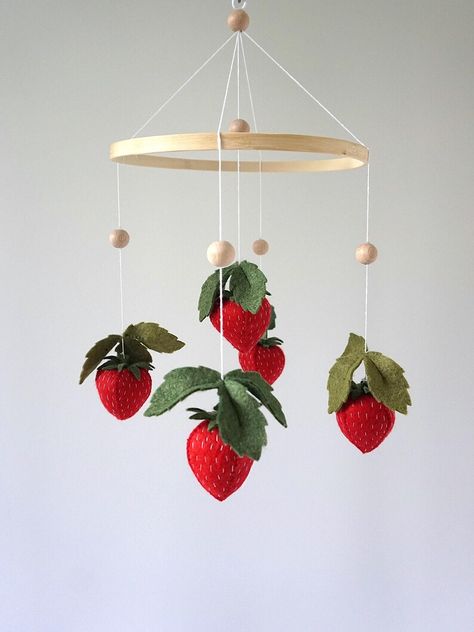 Strawberry Shortcake Nursery, Fruit Mobile, Felt Strawberries, Felting Fabric, Ocean Nursery Decor, Cot Toys, Mobile Crib, Ocean Nursery, Unique Nursery