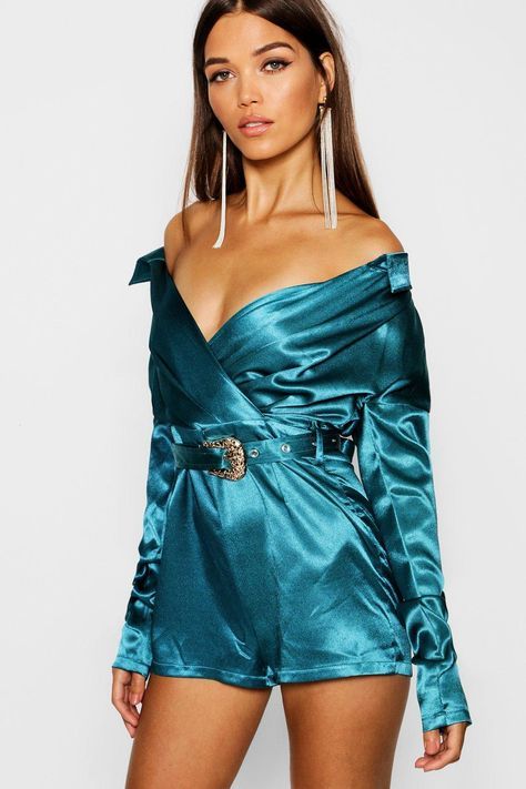 Click here to find out about the Satin Bardot Wrap Belted Playsuit from Boohoo, part of our latestcollection ready to shop online today! Blouse Dress Outfit, Badass Outfit, Short Satin, Satin Romper, Satin Jumpsuit, Belted Romper, Silk Blouses, Western Belt, Western Belts