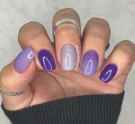 Lavender Mani Pedi, Purple Nail With Design, Purple Skittle Nails, Lavender Dip Powder Nails Short, Late February Nails Ideas, Purple Nails Different Shades, Biab Nails Purple, Purple Sns Nails Designs, 3 Color Manicure Ideas