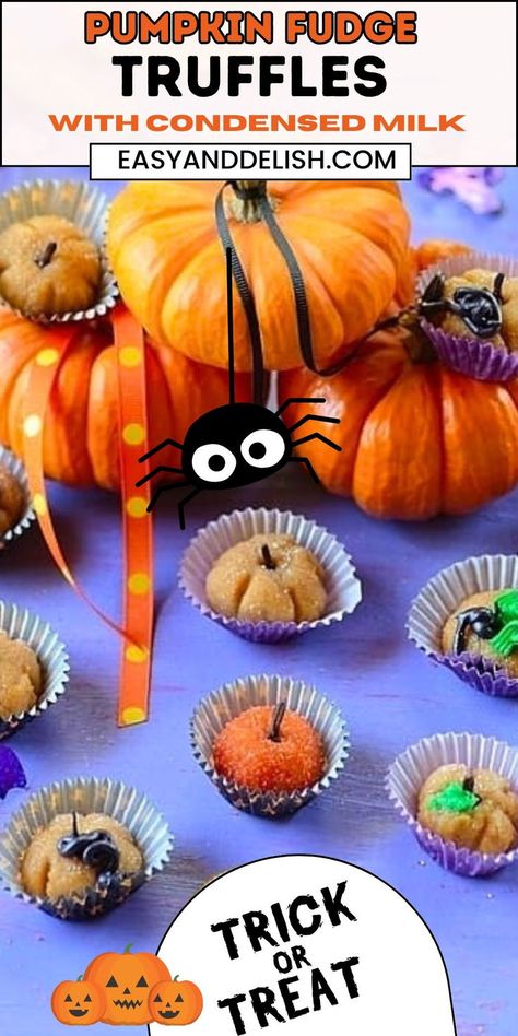 Pumpkin fudge truffles shaped like mini pumpkins for a fun Autumn or Halloween treat. Easy Pumpkin Fudge, Spooky Halloween Party Ideas, Fudge Balls, Spooky Desserts, Puree Pumpkin, Halloween Themed Snacks, Halloween Punch Recipes, Pumpkin Fudge, Halloween Punch