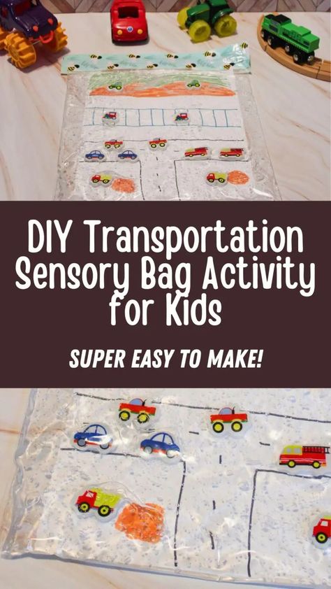 DIY Transportation Sensory Bag Activity for Kids Car Sensory Activities, Things That Go Activities For Toddlers, Diy I Spy Bag, Transportation Social Emotional, Transport Activities For Babies, Transportation Sensory Bin Preschool, Transportation Activities For Infants, Vehicle Crafts For Kids, Transportation Activities For Kindergarten