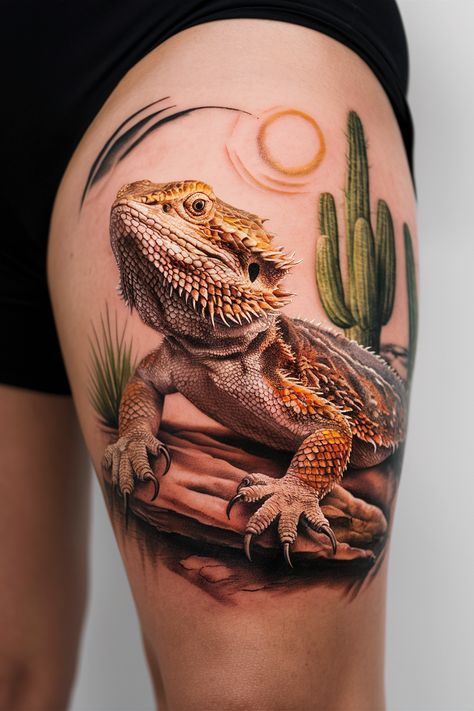 Discover 51 fun bearded dragon tattoo ideas. Perfect for those who love playful and imaginative designs. Save this pin now: https://acuariopets.com/bearded-dragon-tattoo-ideas/ Fire Salamander Tattoo, Dragon Tattoo With Flowers, Dragon Tattoo Stencil, Bearded Dragon Tattoo, Tato 3d, Tropical Tattoo, Dragon Tattoo Ideas, Lizard Tattoo, Colorful Lizards