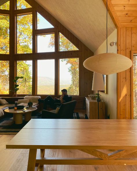 The Cabin Dining Nook Update: An IKEA Table And A Noguchi Akari - The Sweet Beast Ikea Mockelby Table, Mockelby Table Ikea, Mockelby Table, Noguchi Pendant, Dining Table Pendant Lights, Cabin Dining Table, Mid Century Cabin, Dining Table Pendant, Noguchi Akari