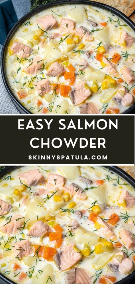 Easy Salmon Chowder Salmon Chowder Recipe Easy, Salmon Stew Recipe, Leftover Salmon Recipes, Crockpot Salmon, Salmon Chowder Recipe, Seafood Boils, Salmon Soup, Canned Salmon Recipes, Salmon Chowder