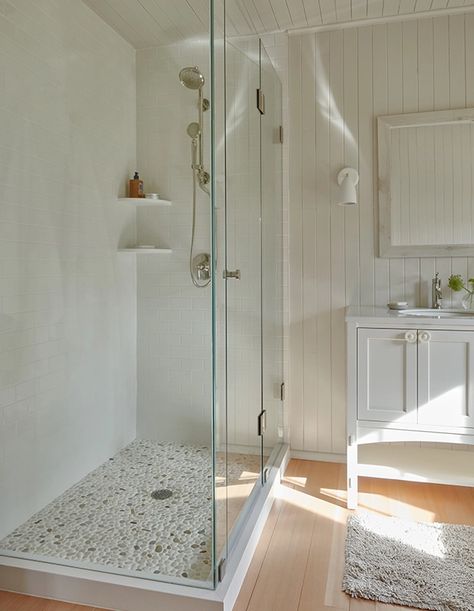 river rock white palette | bathroom shower inspiration Rock Shower Ideas, River Rock Floor, River Rock Shower, Rock Shower, Rock Tile, Rock Floor, Wall Niche, Blue Bay, Shower Faucet Sets