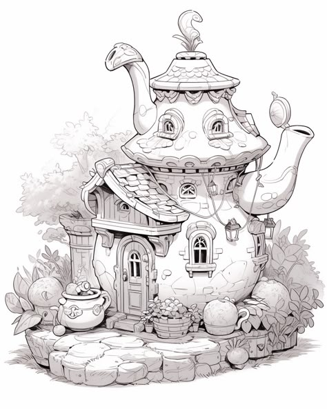 Colouring Pages For Kids, Mushroom Houses, Adult Coloring Books Printables, Grayscale Coloring Pages, Adult Coloring Designs, Detailed Coloring Pages, Free Adult Coloring Pages, Fall Coloring Pages, Adult Coloring Book Pages