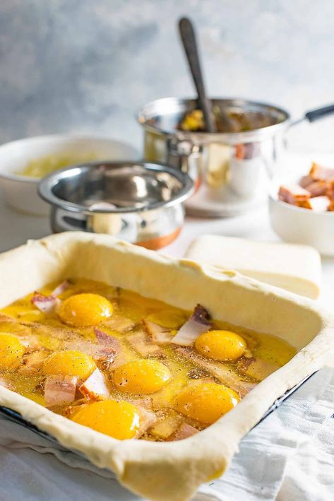 Crack the eggs, straight into the dish. Bacon And Egg Pie New Zealand, Top Chefs Recipes, Puff Pastry Bacon, Bacon And Egg Pie, Breakfast Pies, Egg And Bacon Pie, Eggs Photography, Pie Breakfast, Bacon Pie