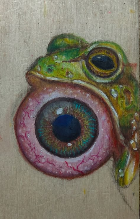 frog with big eye, surrealism, green, psychedelic, art, hippie art, rainbow, realism, realistic eye Color Pencil Surrealism, Simple Surrealism Painting, Sirealisms Drawing, Surrealism Colored Pencil, Trippy Colored Pencil Art, Strange And Fantastic Gcse, Weird Core Painting, Frog Drawing Realistic, Fantastic And Strange Gcse Art