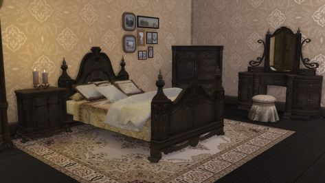 Venetian Bedroom, Mirror Wallpaper, Alt Room, Sims 4 Victorian, Dark Academia Bedroom, Dressing Table Chair, Sims 4 Build Buy Cc, Sims 4 Beds, Academia Bedroom