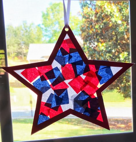 Patriots Day Craft, Patriot Day Craft, Patriotic School Projects, Star Suncatcher Craft, Patriotism Activities Kindergarten, Stars And Stripes Crafts, Month Of The Military Child Crafts, Patriotic Suncatcher, Lantern Crafts For Kids