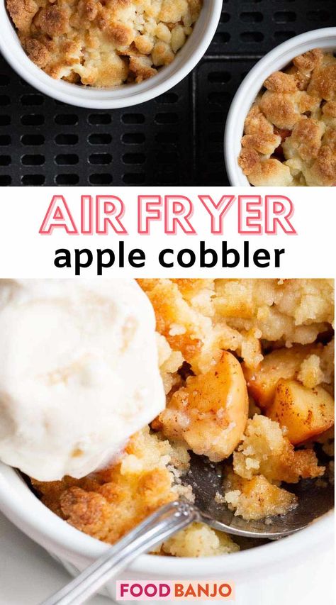 air fryer apple cobbler Fall Dessert Air Fryer, Apple Dessert In Air Fryer, Air Fryer Cobbler Recipe, Dessert In Air Fryer Recipe, Air Fryer Apple Cobbler, Air Fryer Cobbler, Easy Desserts In Air Fryer, Sweet Air Fryer Recipes, Air Fryer Apple Desserts