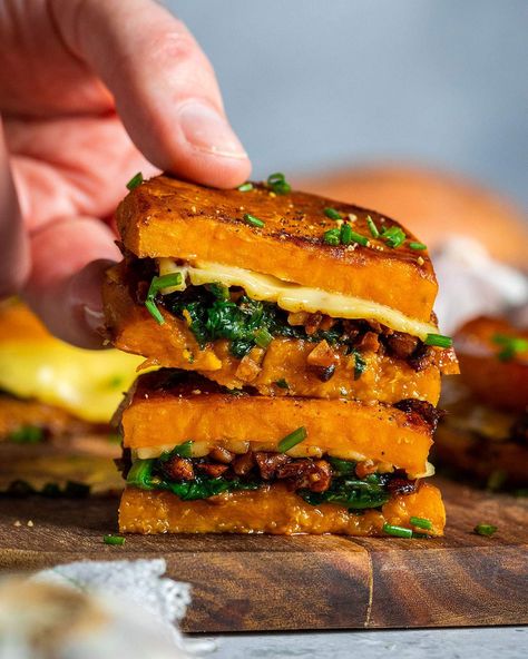 The BEST Sweet Potato Grilled Cheese Sandwich - Romy London Sweet Potato Sandwiches With Guacamole, Potato Grilled Cheese, Mediterranean Lunches, Sweet Potato Sandwich, Vegan Chicken Pot Pie, Vegan Banoffee Pie, Sweet Potato Crackers, Best Sweet Potato, Potato Sandwich