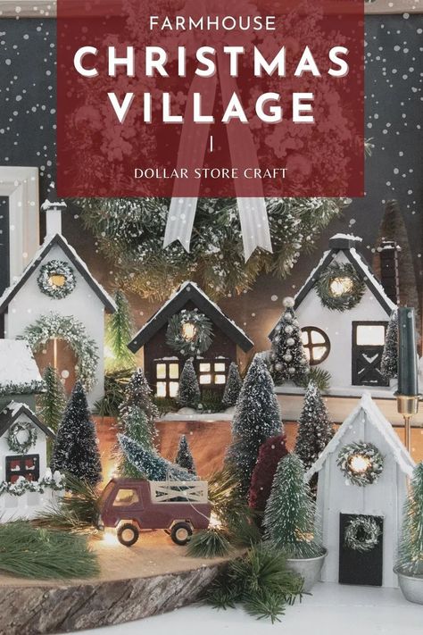 Dollar Tree Christmas Village Diy, How To Display Christmas Village, Farmhouse Christmas Village, Plank Projects, Christmas Village Diy, Diy Christmas Village Houses, Diy Christmas Village Displays, Diy Birdhouse, Christmas Pillows Diy