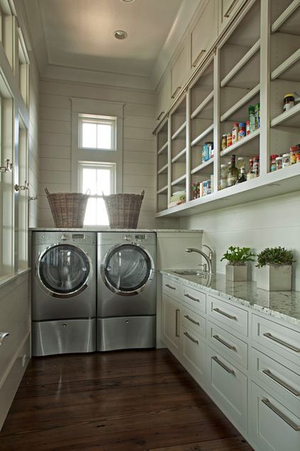 Laundry room plus pantry. Combining a pantry with the laundry room means you'll have one walk-in space instead of two regular closet-size spaces. Cottage Laundry Room, Laundry Room Pantry, Laundry Pantry, Traditional Laundry Room, Grey Laundry Rooms, Laundry Room/mud Room, Home Laundry Room, Room Pantry, Pantry Laundry Room