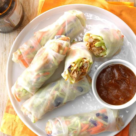 Asian Wraps Recipe -This recipe is just like any other Asian wrap, but with more delicious and healthy flavor. Instead of ordering Chinese, you'll be making these yourself! —Melissa Hansen, Milwaukee, Wisconsin Asian Wraps, Light Lunches, Healthy Finger Foods, Chicken Spring Rolls, Slow Cooked Chicken, Cole Slaw, Coleslaw Mix, Asian Foods, Milwaukee Wisconsin