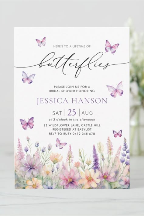 Charming butterfly-themed bridal shower invitation adorned with delicate illustrations and pastel colors to celebrate the joyous occasion. To A Lifetime Of Butterflies, Bridal Shower Wildflower, A Lifetime Of Butterflies, Lifetime Of Butterflies, Wildflower Invitation, Bridal Shower Inspo, Wedding Card Frames, Wildflower Design, Bridal Shower Planning