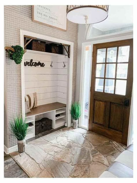 Mudroom Living Room Combo Entry Ways, Entree Way Closet, Entry Closet Drop Zone, Barn Door Living Room Closet, Drop Zone Ideas Closet, Entryway Built In Closet, Front Entrance Closet Ideas Built Ins, Front Entry Remodel, Entry Alcove Ideas Foyers