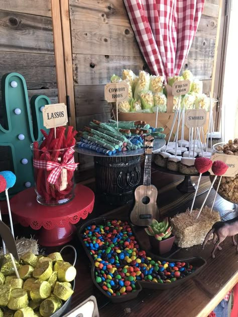 Western Birthday Party Ideas | Photo 15 of 27 | Catch My Party Stagecoach Themed Birthday, Western Sweets Table, Outdoor Western Birthday Party, Western Party Dessert Table, Buckaroo Turning 2, Western Theme Birthday Party Boy, Western Party Snack Ideas, Western Theme One Year Old Party, Buckaroo Birthday Party