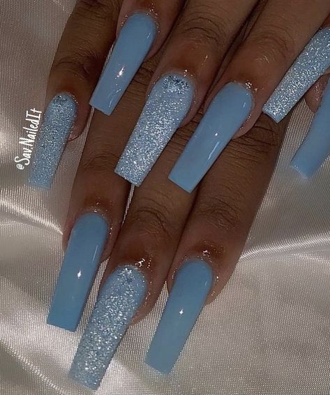 Powder Blue Nails, Teal Acrylic Nails, Baby Blue Acrylic Nails, Blue Prom Nails, Blue And Silver Nails, Blue Glitter Nails, Tips Nails, Teal Nails, Baby Blue Nails