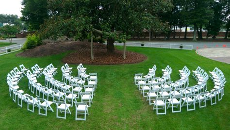 Ceremony set up. We love the stadium seat arrangement. Wedding Chair Set Up Ceremony Seating, Stadium Seating Wedding Ceremony, Runway Ceremony Seating, Ceremony Seating Arrangements, Outdoor Wedding Ceremony Seating, Chairs For Wedding Ceremony, Outdoor Wedding Chairs, Outdoor Wedding Seating, Chairs For Wedding