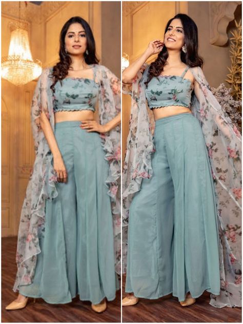 Indian And Western Fusion Dresses, Georgette Cord Set Western, Western Traditional Outfits Women, Desi Western Fusion Outfits, Western Indian Fusion Outfit, Republic Day Outfit Indian, Fusion Wear Indian Western, Fancy Western Outfits Dresses, Plazo Crop Top Indian Wedding