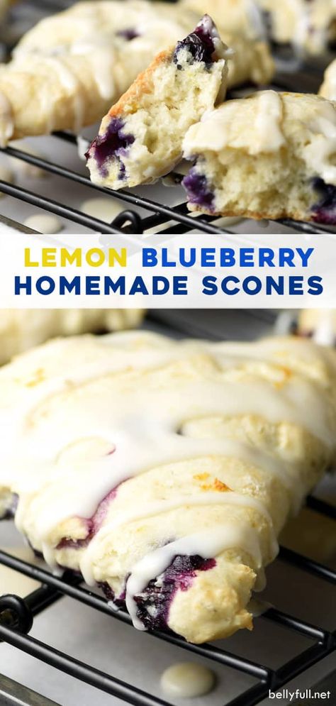 These Blueberry Scones are tender and flaky, with fresh blueberries throughout and a dreamy lemon glaze! Lemon Blueberry Scones, Lemon Glaze Recipe, Blueberry Lemon Scones, Blueberry Scones Recipe, Scones Recipe Easy, Lemon Scones, Homemade Scones, Easy Bake, Blueberry Scones