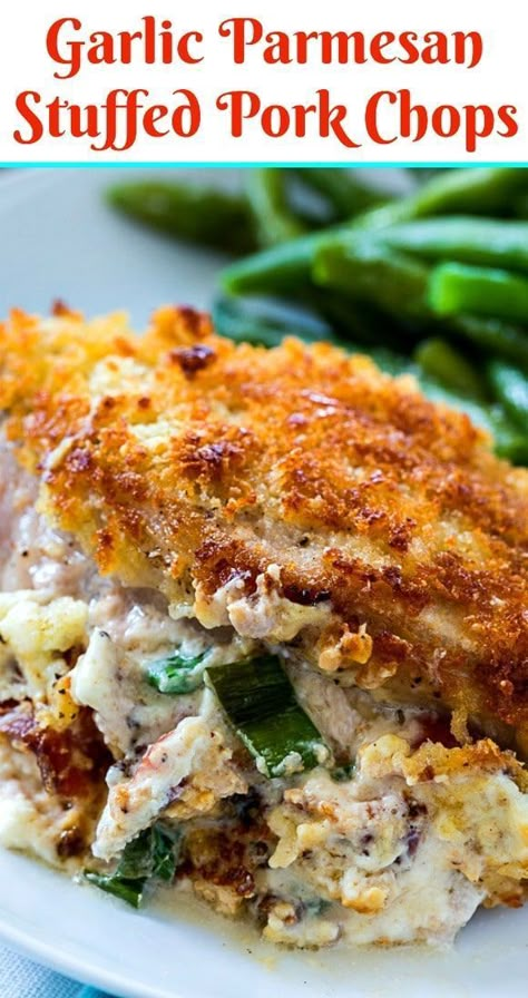 Garlic Parmesan Stuffed Pork Chops are filled with a creamy filling made from cream cheese, bacon, and Parmesan cheese. Creamy Sauces, Spicy Southern Kitchen, Stuffed Pork Chops, Pork Chop Recipes Baked, Pork Chop Dinner, Stuffed Pork, Southern Kitchen, Pork Dinner, Dinner Guests