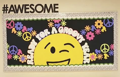 Peace Love School Theme, Groovy Welcome Bulletin Board, Smile Bulletin Board Ideas, Smiley Face Bulletin Board, 70s School Theme, Groovy Door Decor Classroom, 70s Bulletin Board Ideas, Groovy Classroom Doors, Hippie Classroom Theme