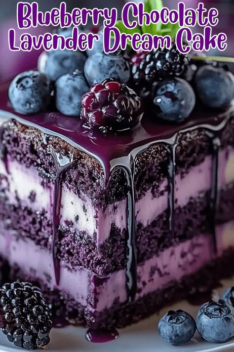 Blueberry Chocolate Lavender Dream Cake Blueberry Chocolate Lavender Dream Cake, Blueberry Filling For Cake, Lavender Dessert Recipes, Lavender Baking, Berry Glaze, Lavender Wedding Ideas, Lavender Dessert, Blueberry Cream Cake Recipe, Purple Desserts