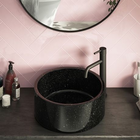 Basin Counter, Terrazzo Sink, Counter Top Basin, Black Terrazzo, Bathroom Design Black, Small Toilet Room, Counter Basin, Downstairs Loo, Marble Bowl