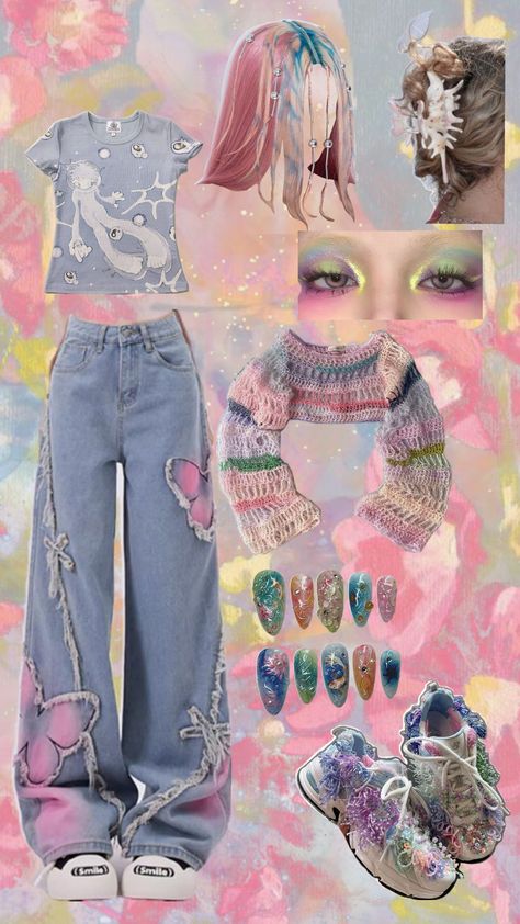 outfit but pastel!!!!! #outfit #pastel Hypercore Aesthetic Outfits, Y2k Outfits Pastel, Rainbow Pastel Outfit, Pastel Preppy Outfit, Pastel Y2k Outfit, Candycore Outfits, Sweet Like Candy Outfit, Pastel Clothes Outfits, Pastel Kidcore Outfits