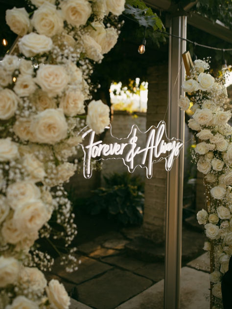 Neon Wedding Sign | Forever & Always | Forever & Always Neon Wedding Sign | White Wedding Florals | Neon Sign Wedding Backdrop Hanging Neon Sign Wedding, Forever And Always Neon Sign, Forever And Always Wedding, Better Together Neon Sign Wedding, Wedding Neon Sign Backdrop, Neon Sign Backdrop, Neon Sign Wedding Backdrop, Neon Signs Wedding, White Wedding Florals