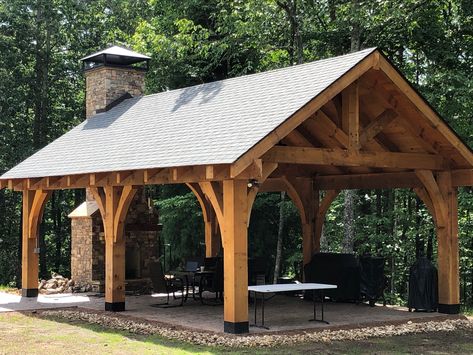 Gazebo Fireplace, Outdoor Pavilion Ideas, Pavilion Ideas, Boathouse Design, Outdoor Pavillion, Timber Frame Pavilion, Gazebo With Fire Pit, Home Decor 2023, Backyard Covered Patios