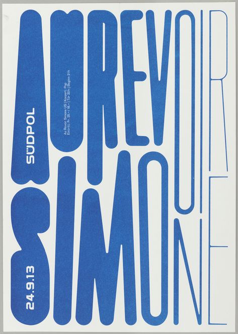 Text "AU REVOIR" and beneath it "SIMONE" is printed in blue letters.  As the letters progress from left to right across the page, they become more condensed and linear. Illustration Design Graphique, Inspiration Typographie, Visuell Identitet, Typo Poster, Graphisches Design, 타이포그래피 포스터 디자인, Typographic Poster, Type Posters, Typographic Design