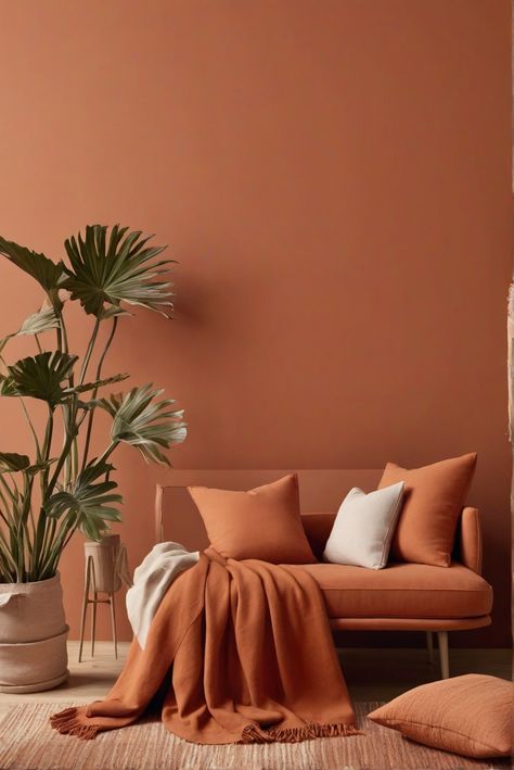 Terracotta, Colors, Warmth, Home Terracota Paint Bedroom, Terracotta Wall Painting, Coloured Wall Living Room, Natural Woodwork With Painted Walls, Benjamin Moore Sienna Clay, Dulux Terracotta Paint, Terracotta Style Home, Room Accent Wall Ideas Paint Colors, Terra Cotta Furniture