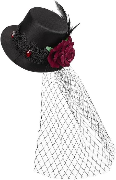 Vintage Rose Fascinator Hat Small Top Hat with Veil Feather Hair Clip Flower Decor Gothic Headwear for Halloween Carvinal at Amazon Women’s Clothing store Top Hat With Veil, Small Top Hat, Rose Fascinator, Rose Veil, Oc Things, Hat With Veil, Hair Clip Flower, Feather Hair Clips, Feather Hair